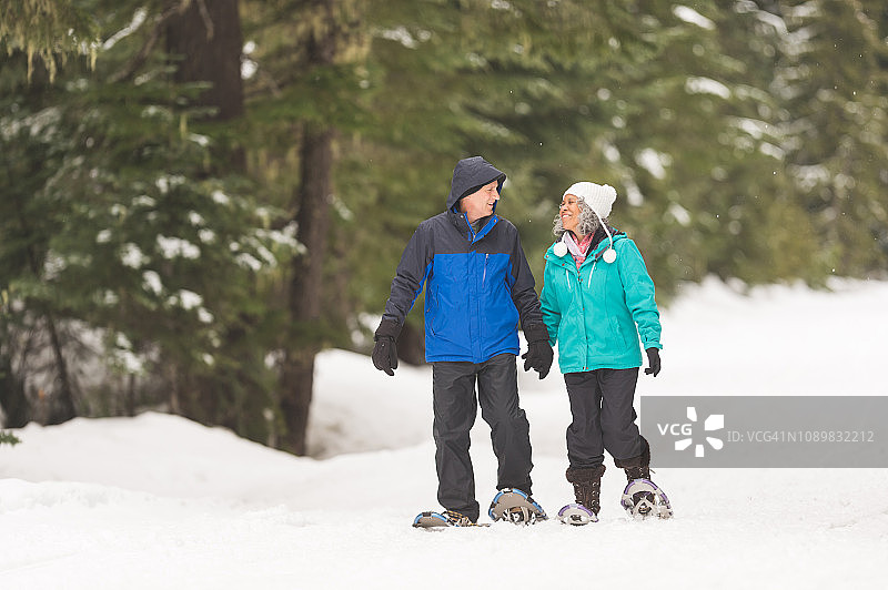 年长夫妇在森林里穿雪鞋图片素材