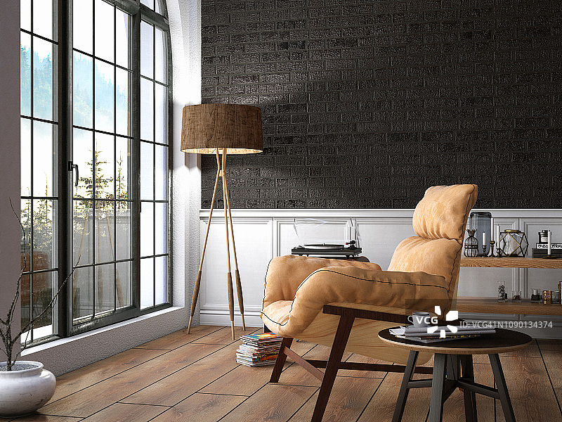 带有扶手椅、书籍和风景的室内设计图片素材