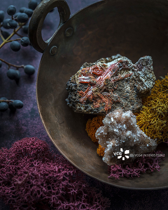 铬铅矿和硫铝钙石与干燥的苔藓。一种罕见的亮橙色矿物，由铬酸铅组成。硫铝酸钙石是一种钙铝硫酸盐氟氢氧化物矿物。图片素材