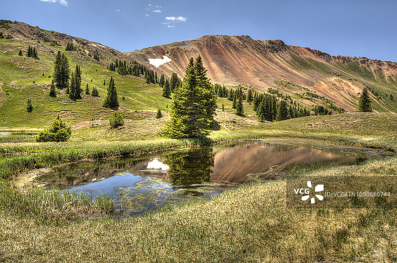 池塘、松树、山脉与倒影图片素材