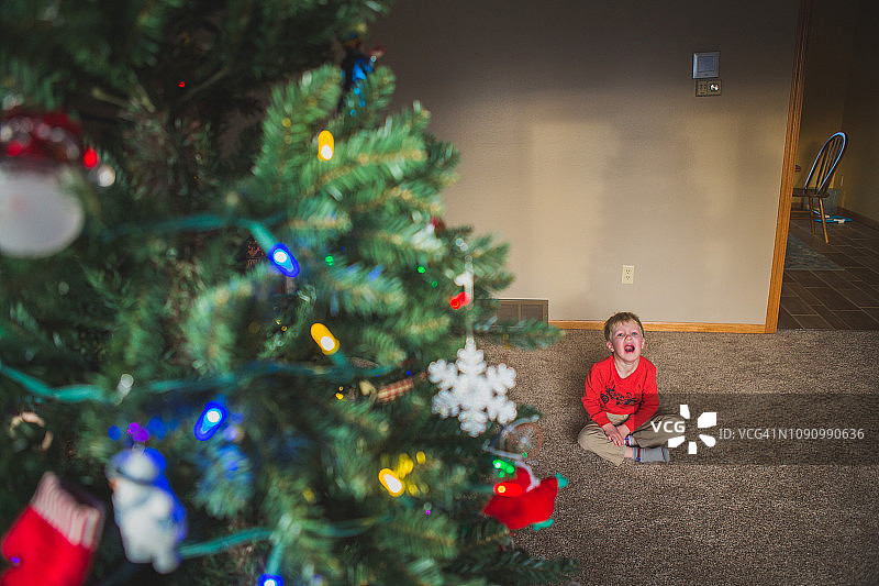 哭泣的男孩与圣诞树图片素材