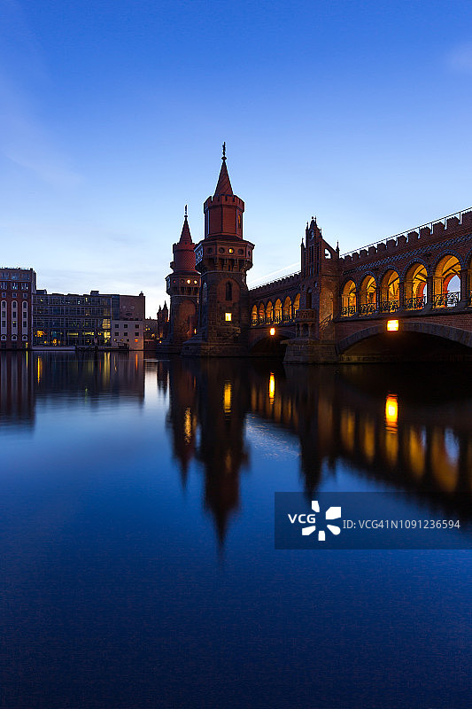 蓝色时分下的奥伯鲍姆桥和施普雷河（柏林克罗伊茨贝格区，德国）图片素材