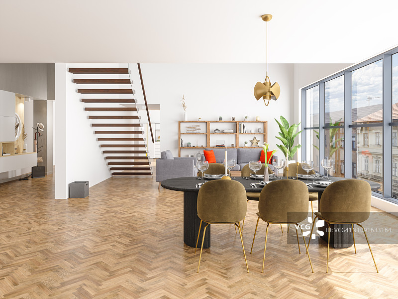 豪华住宅的客厅和餐厅图片素材