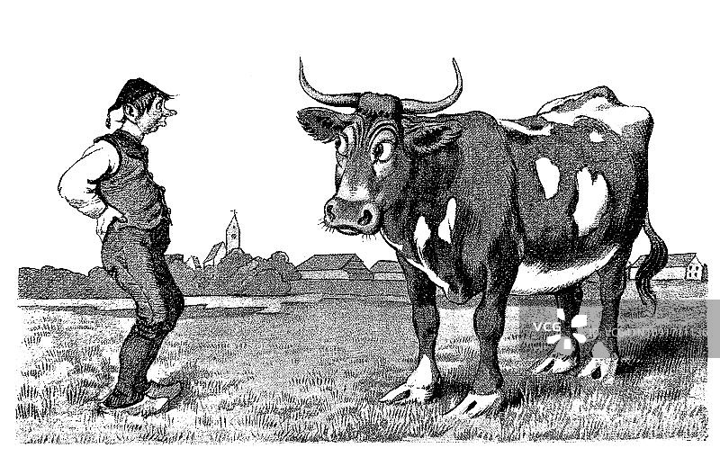 农民在草地上看他的牛 -1896图片素材