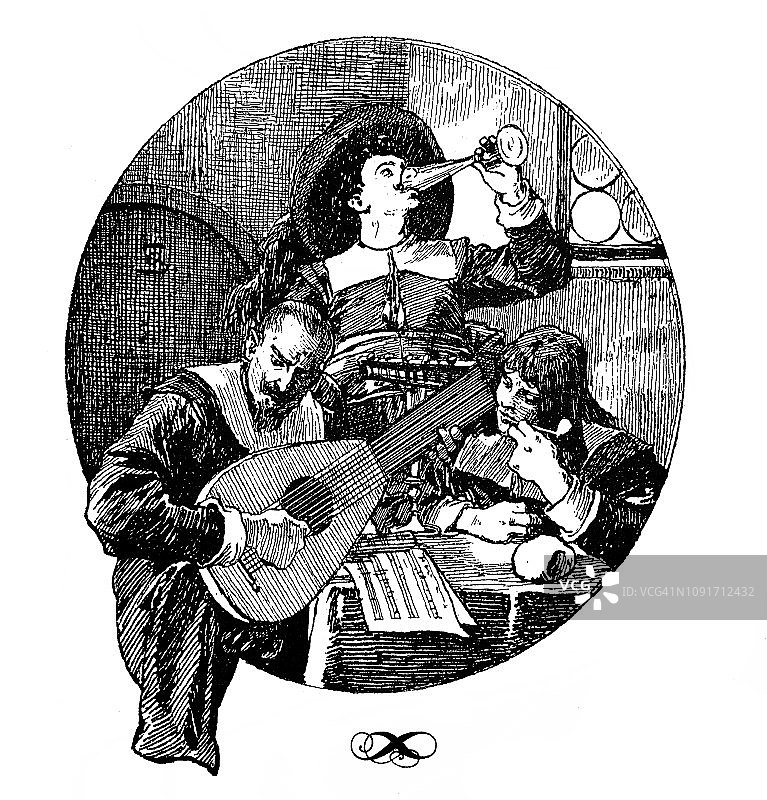 火枪手饮酒和演奏乐器-1896年图片素材