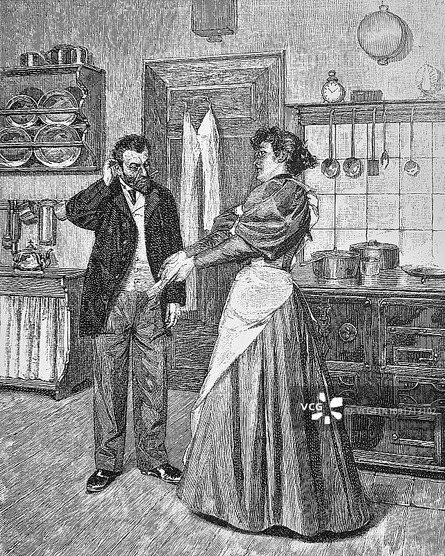 与厨房女佣谈论花费的钱 - 1896年图片素材