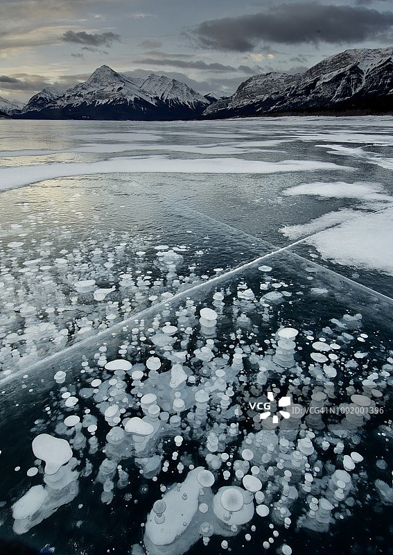 艾伯塔冰冻湖中的冰冻气泡图片素材