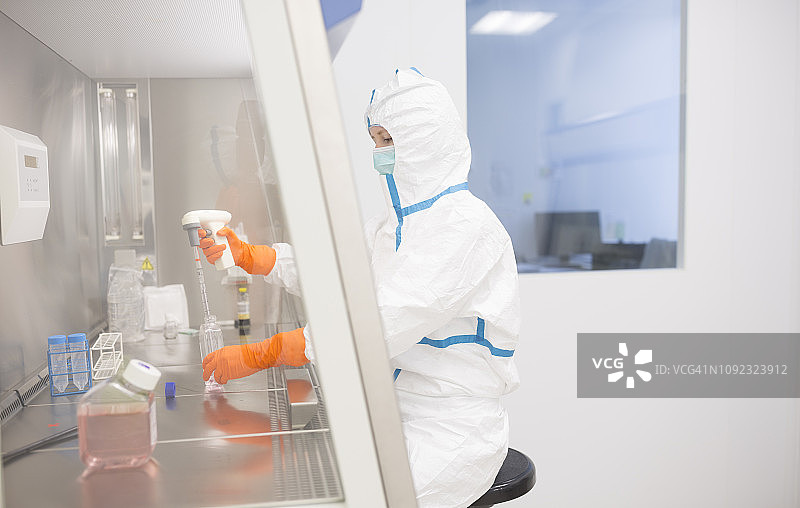 实验室技术员穿洁净服在无菌层流箱中工作图片素材