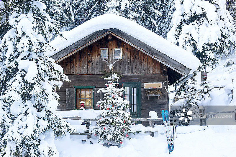 奥地利阿尔滕马尔克特-措岑塞，雪地木屋旁的圣诞树图片素材