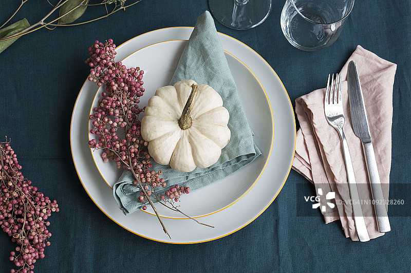 秋季餐桌装饰，白色装饰葫芦和粉红胡椒图片素材