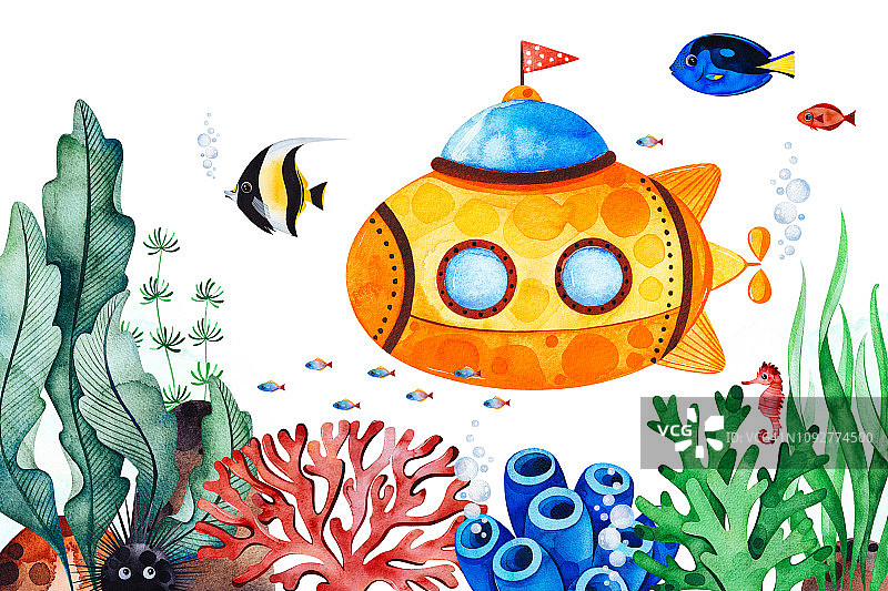 带有彩色珊瑚、海藻、鱼、海马和黄色潜艇的水下生物预制贺卡图片素材
