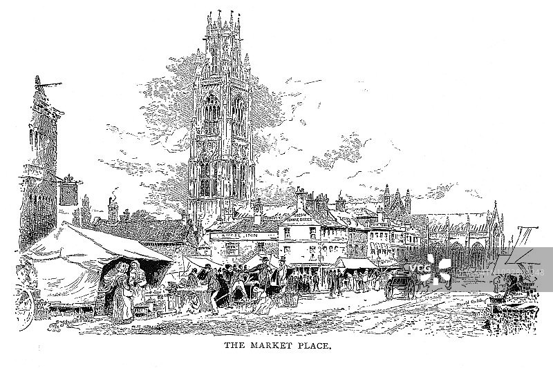 19世纪英国波士顿林肯郡繁华市场的维多利亚黑白雕刻图片素材