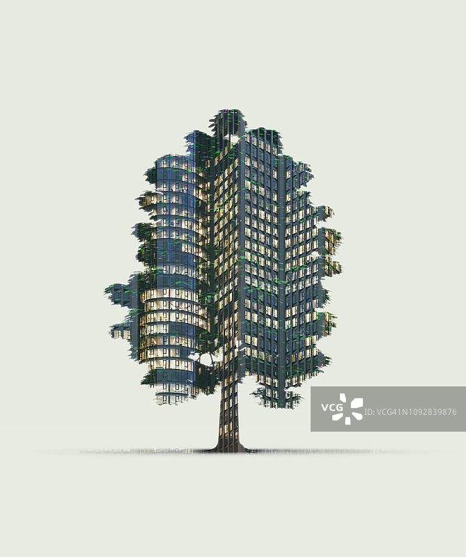 树木与高楼大厦的双重曝光图片素材