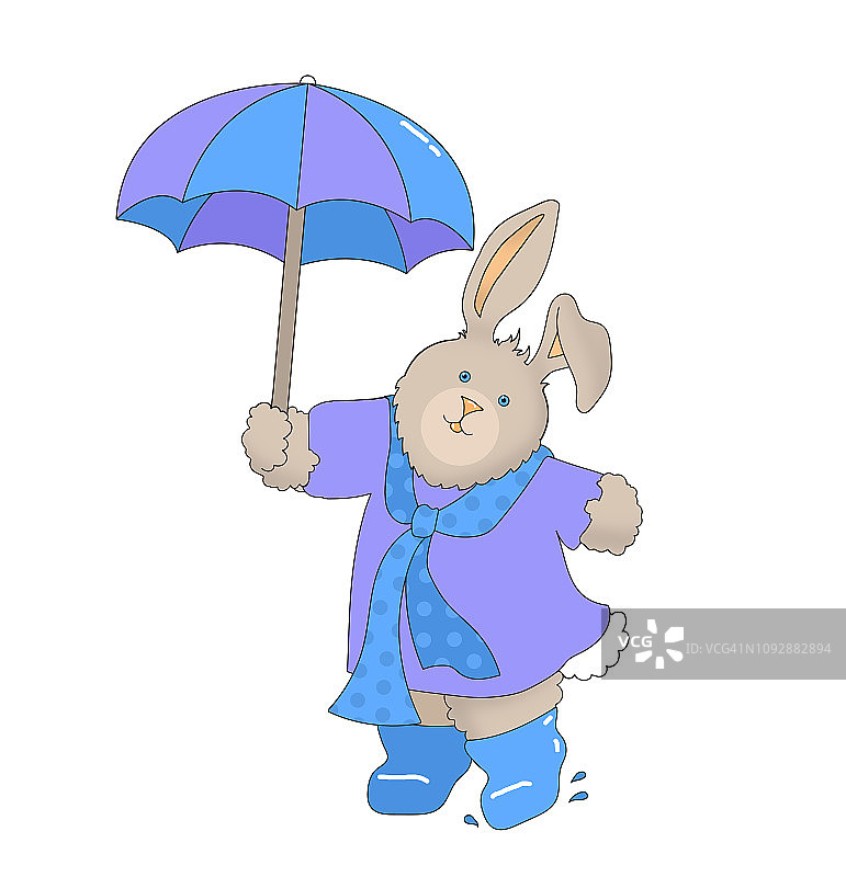 穿着衣服撑着伞的可爱棕色兔子插画图片素材