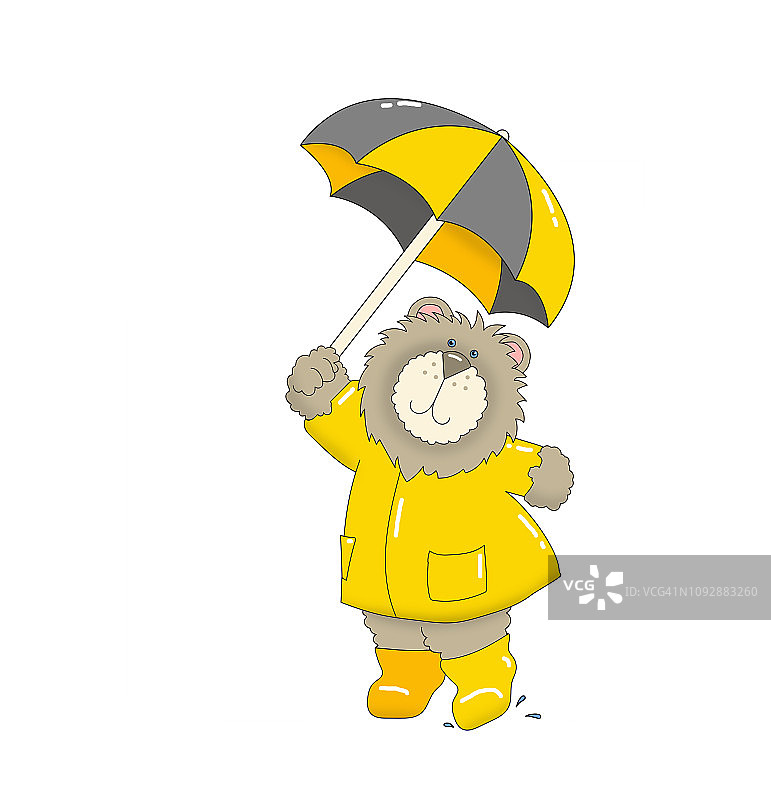 穿着衣服和靴子，打着雨伞的可爱狮子插画图片素材