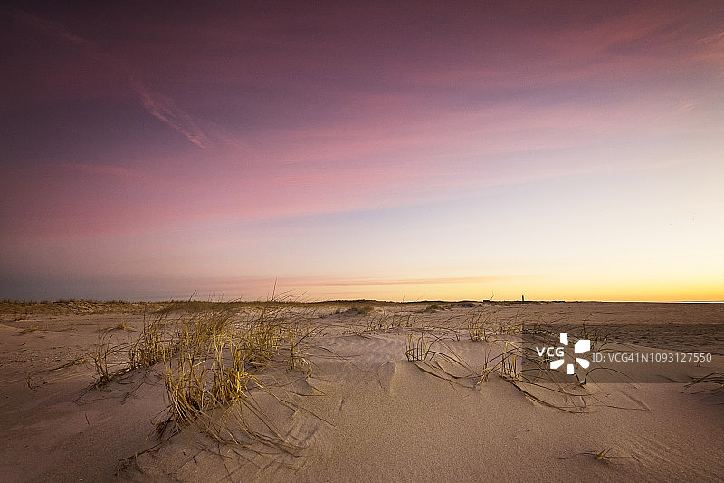 琼斯海滩，长岛，一月份沙丘上的粉红色图片素材