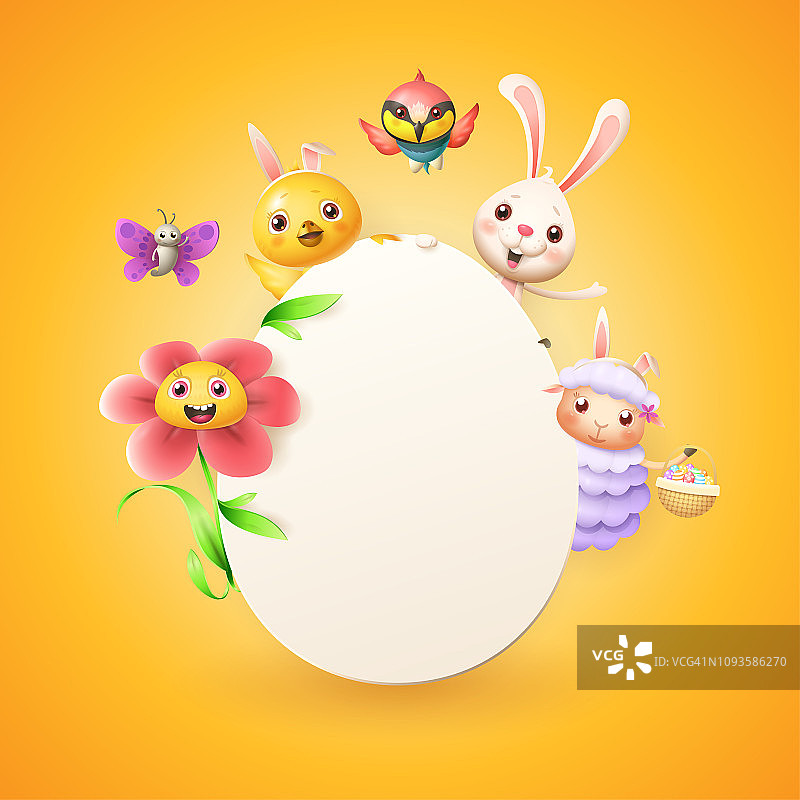 复活节贺卡模板：小兔子、小鸡、鲜花与彩蛋图片素材