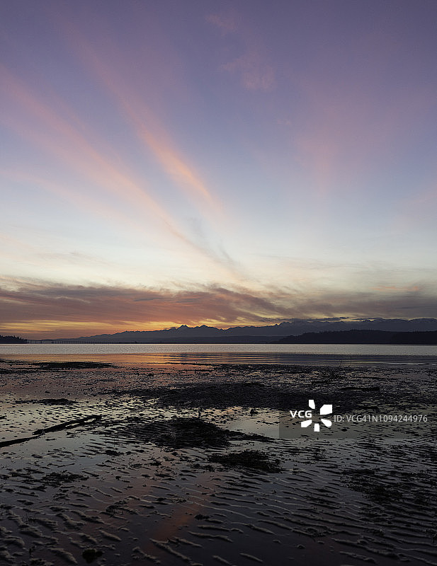 奥林匹克山脉和普吉特海湾的日落图片素材