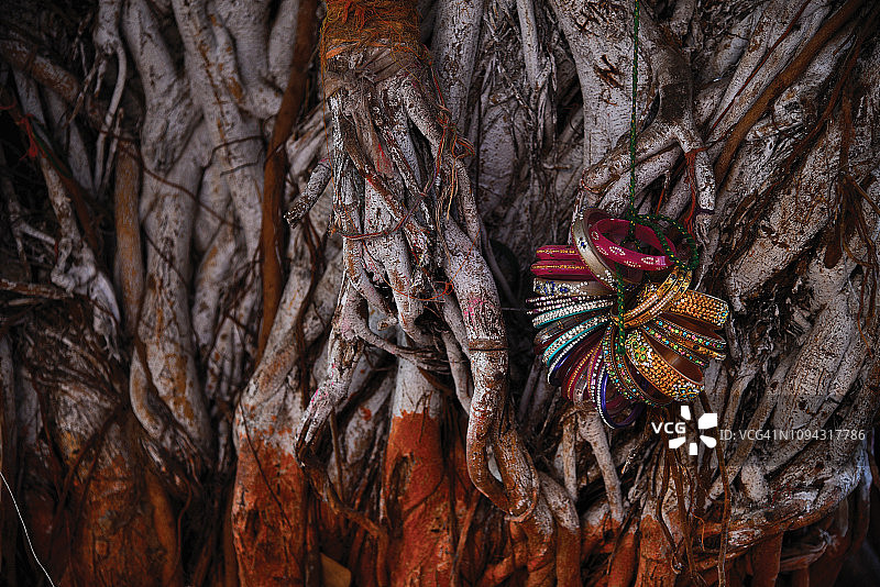 印度教寺庙榕树外的祭品：希望或愿望图片素材