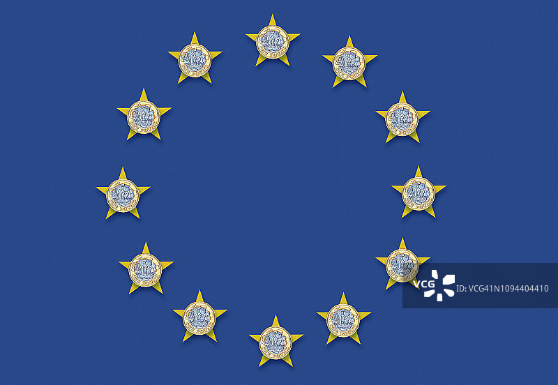 欧盟旗帜上的英镑硬币图片素材