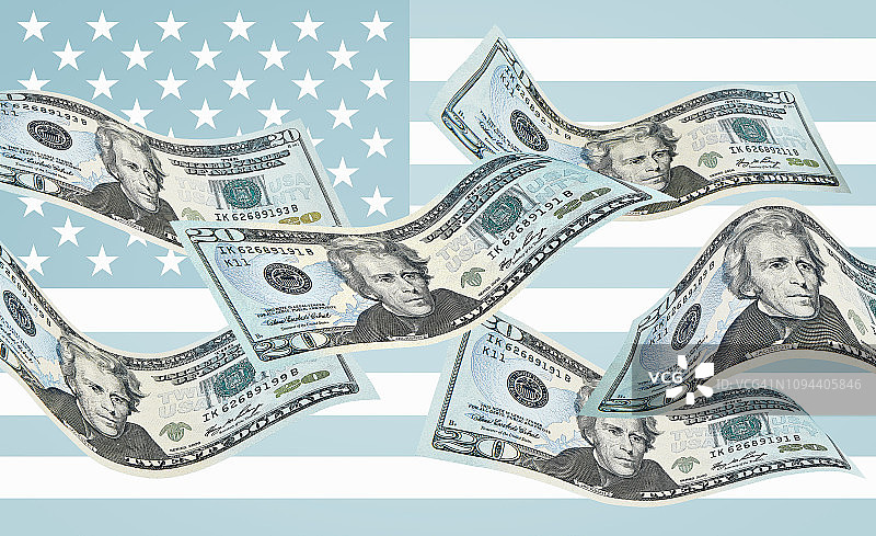 美国国旗上的20美元纸币图片素材