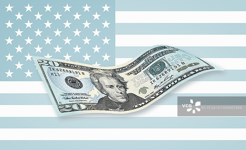 美国国旗上的20美元纸币图片素材