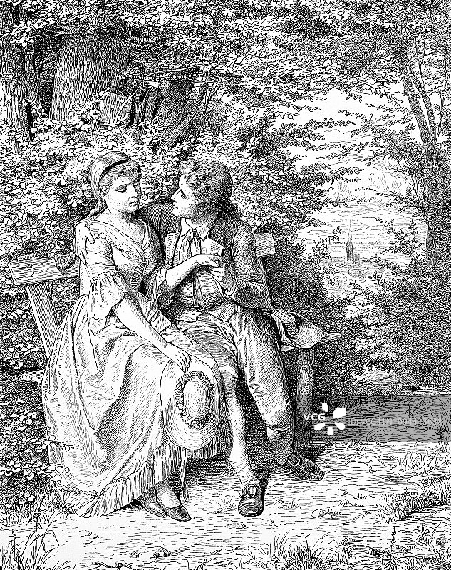 歌德和弗里德里克·布里翁坐在花园的长凳上图片素材