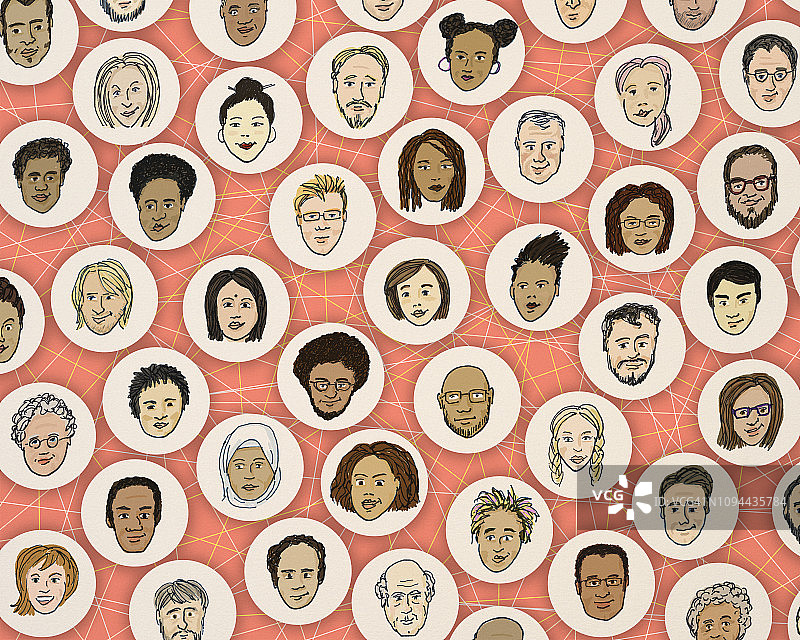 珊瑚色网络背景上的纸质人脸插画图片素材