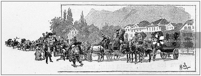 阿尔方斯·都德小说《塔尔塔兰在阿尔卑斯山》复古插画图片素材