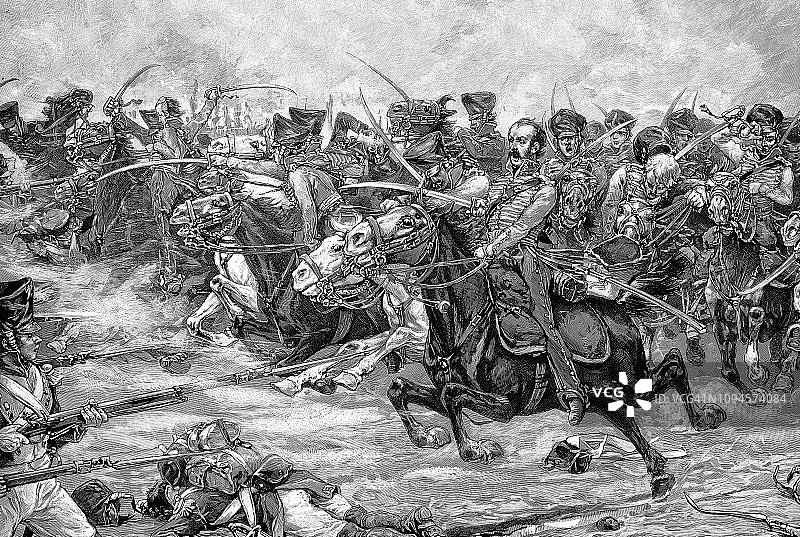 1813年解放战争，勃兰登堡骠骑兵在默克恩附近发起进攻图片素材