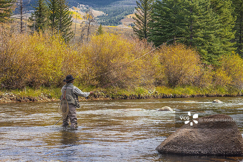 在科罗拉多落基山脉的蓝色河流里飞钓的年长妇女图片素材