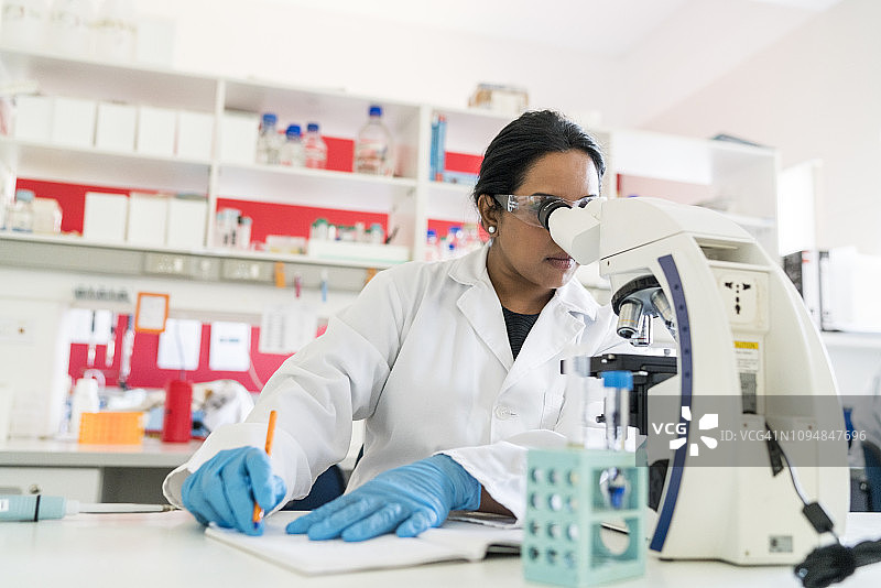 科学家在实验室里用显微镜观察图片素材