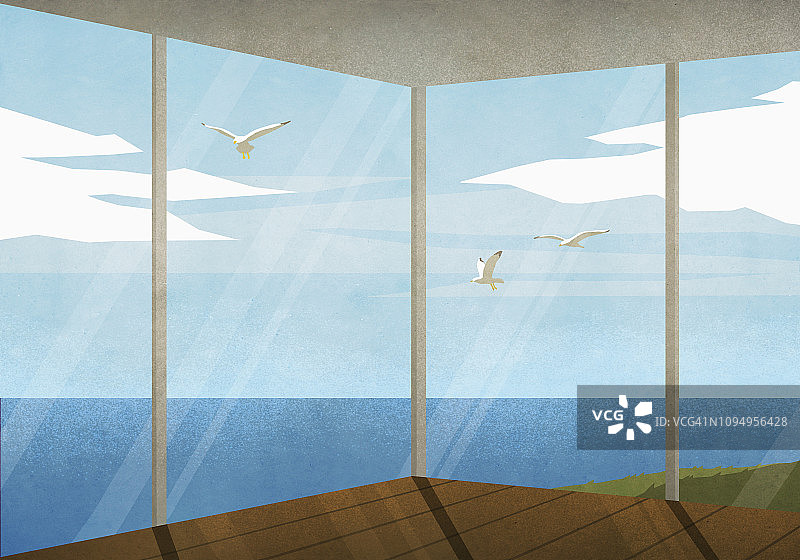 海鸥飞过海景沙滩别墅图片素材