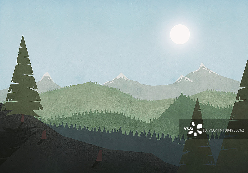 阳光照耀下的田园山地森林景观图片素材