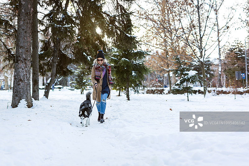 与宠物一起享受冬季乐趣图片素材