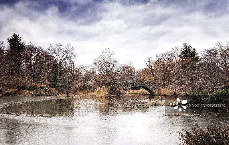 纽约中央公园寒冬的盖普斯托桥图片素材