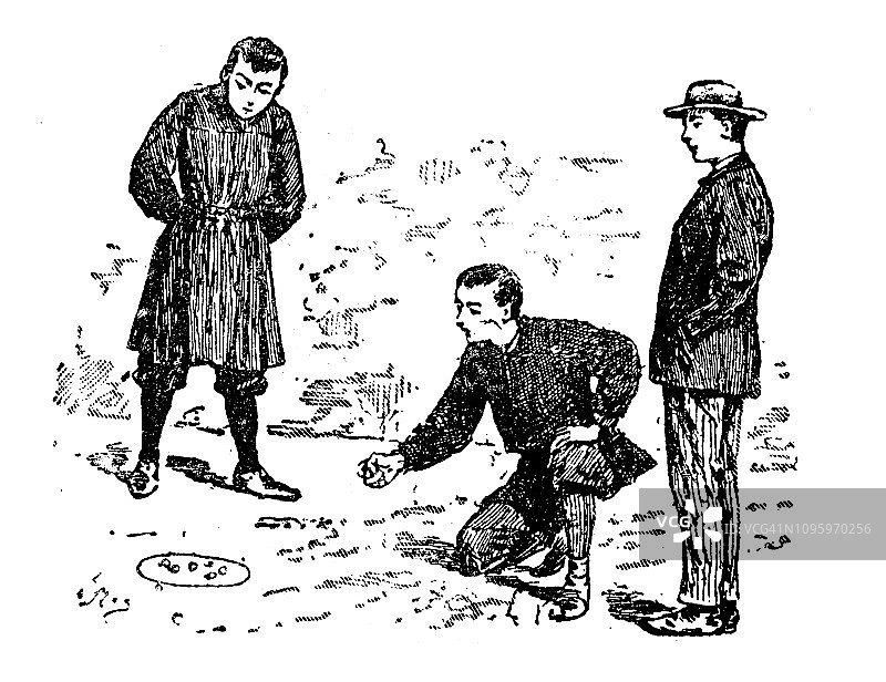 古董法国雕刻插图：户外弹珠游戏图片素材