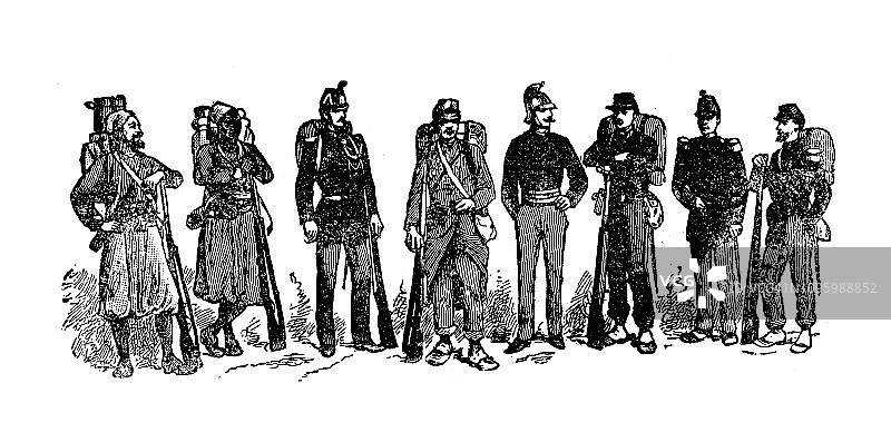 法国复古雕刻插图：法军制服图片素材