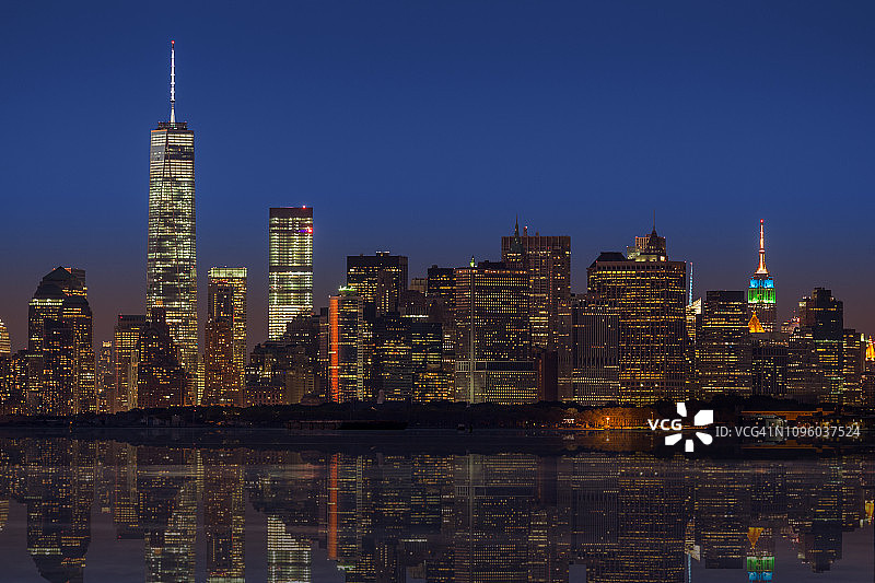 日落时分的纽约城市天际线，曼哈顿金融区图片素材