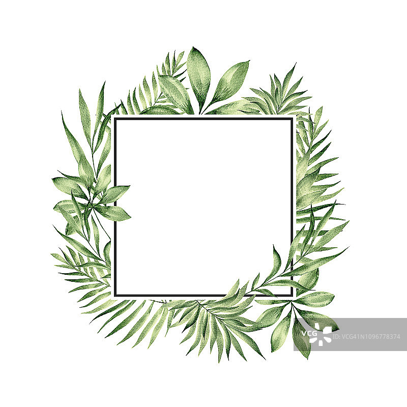 水彩热带树叶花卉边框图片素材