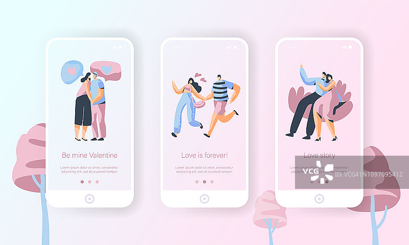 爱情故事情侣角色手机APP引导页：约会时拥抱的男女，网站婚礼恋爱概念扁平卡通插画图片素材