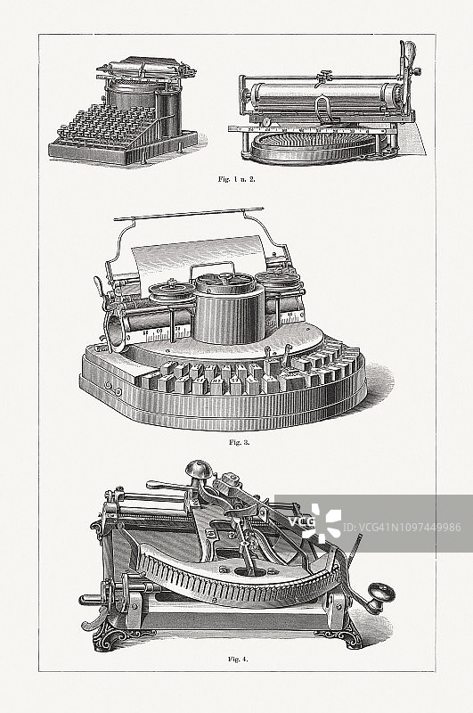 1897年美国和德国的古老打字机木刻版画图片素材