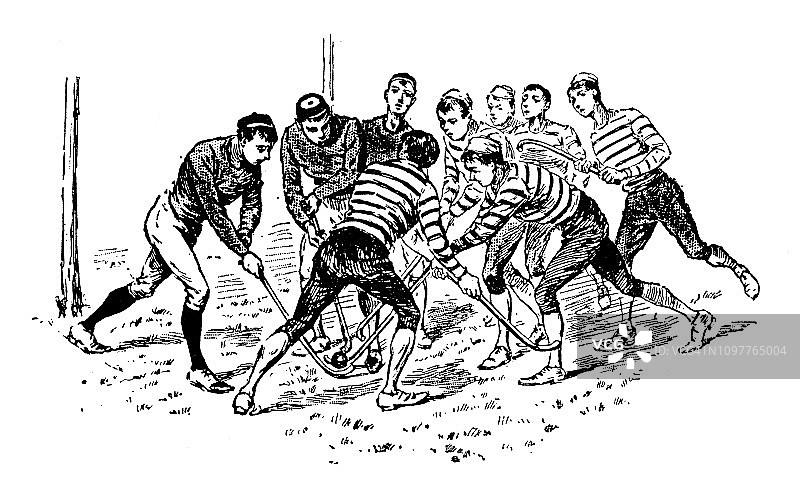 法国古董雕刻插图：曲棍球图片素材