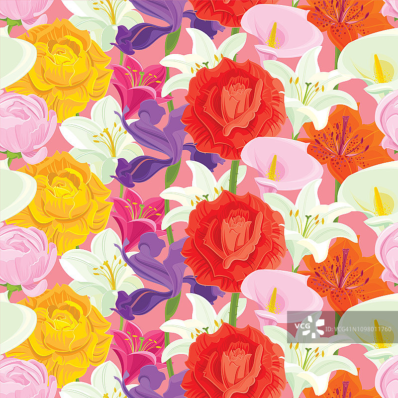 玫瑰、白色百合、鸢尾花、毛茛花、橙色百合花卉无缝图案图片素材