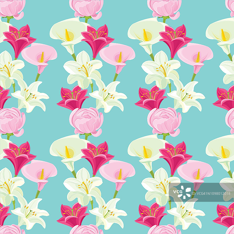 马蹄莲、白百合和毛茛花卉无缝图案图片素材