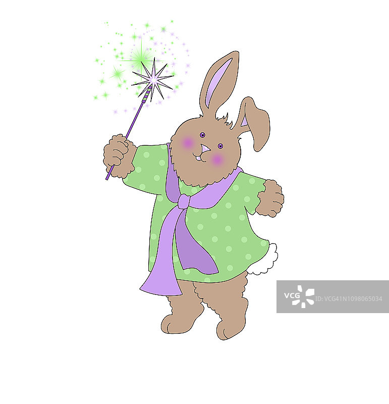 兔子挥舞着烟花棒（或魔杖）的插画图片素材