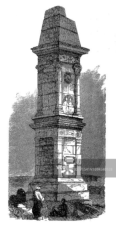 的黎波里和加拉马之间的罗马墓，复古雕刻插图图片素材