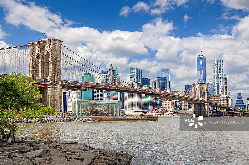 纽约市天际线，含布鲁克林大桥、世界贸易中心、比克曼大厦和伍尔沃斯大厦图片素材