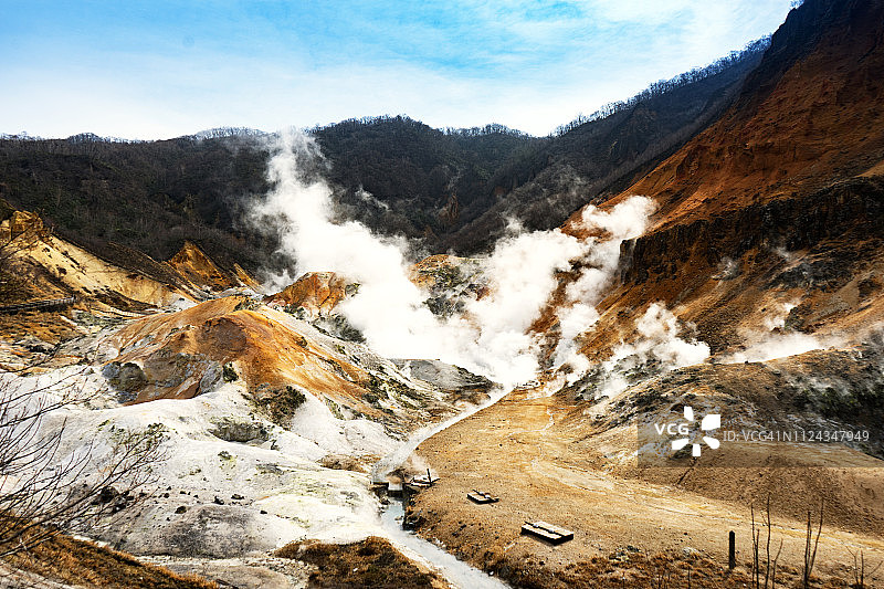 北海道登别地狱谷的壮丽景色，最佳温泉图片素材