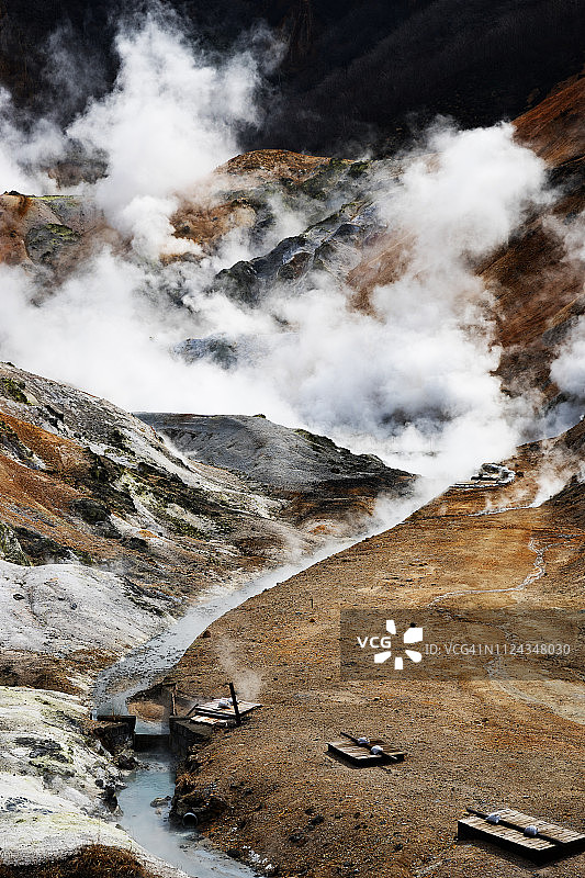 北海道登别地狱谷的壮丽景色，最佳温泉图片素材
